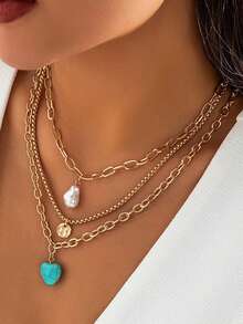 1pc Multi-Layer Necklace Set With Green Heart Turquoise & Pearl Pendant, Bohemian Style