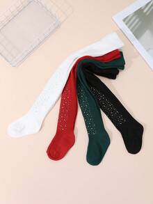4 pares de mallas/leggings de niña con rayas verticales sólidas y brillantes de rhinestone, estilo elegante y de princesa para uso diario y festivo - Multicolor - Ver 4