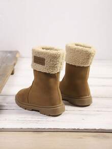 1 Pair Brown Suede Patchwork Letter Lining Warm Collar Children Mid-Calf Boots, Solid Color Durable Rubber Soft Sole One-Push Unisex Snow Boots For 3-15 Years Old Boys & Girls, Suitable For Outdoor Sports, Ice Skating, Indoor Wear, Festivals And Gatherings, Autumn/Winter 2025 New - Brown - View 8