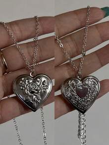 浪漫心形吊坠盒，可打开，银色，时尚独特，相框项链，男女皆宜，情人节、母亲节礼物