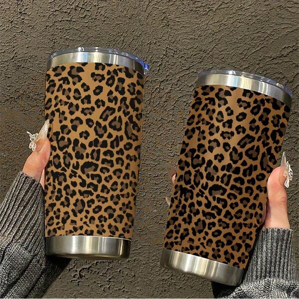 20.29oz Stainless Steel Insulated Tumbler With Leopard Print Design - Reusable, Hand Wash Only, Blue Lid Included - Perfect For Hot & Cold Drinks, Ideal For Home, Office, Travel, Sports, And Gift Occasions (Valentine's Day, Birthdays, Holidays)