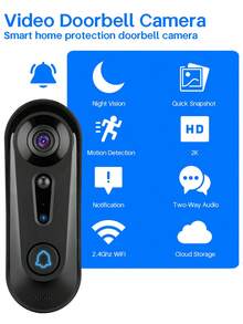Wireless Doorbell Camera With Indoor Chime, 2.4Ghz WiFi Home Security Camera, Motion Detection, Smart Alerts, Two-Way Audio, Easy To Installation, Weather Resistance, Outdoor/Indoor Security - 黑色 - 查看 3