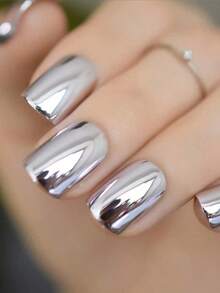 24Pcs Medium-Long Rectangular Press On Nails Y2K Silver Metallic Shiny Holographic Mirror Glitter Faux Pearl Design Nail Set With Gel & Nail File Rave Party Manicure - 彩色 - 查看 2