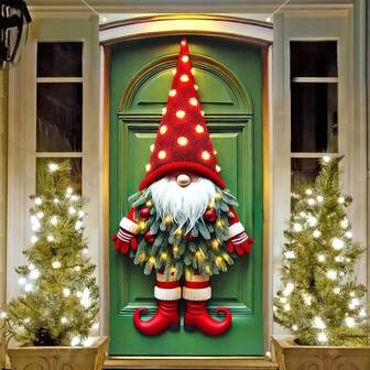 圣诞快乐门横幅，无脸侏儒设计 - 耐用涤纶，易于悬挂的前廊装饰，适合节日季节