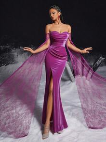 VIPGIRL Đầm dạ hội màu tím nhung thanh lịch, trễ vai, xẻ cao, tay ren, đầm dự tiệc sang trọng, đầm dạ tiệc dành cho nữ. - Màu Hồng Tươi - Xem 3