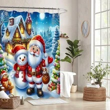 1pc Santa Claus And Snowman Christmas Decoration Art Party Decor Waterproof Single Shower Curtain Bathroom Decoration And 12 Plastic Hooks Bathroom Toilet Wet And Dry Separation Isolation Curtain