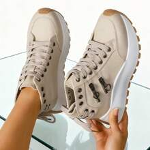 Women's Autumn And Winter Thick-Soled Sneakers - Lace-Up Shoes, PVC Cushioning Sole, Synthetic Leather Upper - Four-Season Non-Slip Shoes, Suitable For Daily Wear, Office Attire And Formal Occasions - Easy-To-Clean Casual Shoes, Fashionable Design, Fabric Lining, Wear-Resistant And Durable, Comfortable And Breathable, A Must-Have For Professional Women - 黃色 - 查看 1