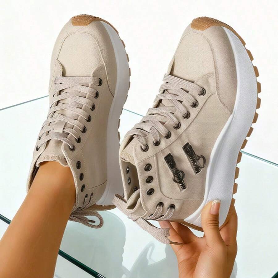 Women's Autumn And Winter Thick-Soled Sneakers - Lace-Up Shoes, PVC Cushioning Sole, Synthetic Leather Upper - Four-Season Non-Slip Shoes, Suitable For Daily Wear, Office Attire And Formal Occasions - Easy-To-Clean Casual Shoes, Fashionable Design, Fabric Lining, Wear-Resistant And Durable, Comfortable And Breathable, A Must-Have For Professional Women - 黃色 - 查看 1