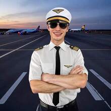 6pcs/Set Holiday Themed Flight Attendant Hat, Tie, Brooch, Epaulet, Glasses, Cabin Crew Costume Accessories For Halloween Party Cosplay, Retro Airline Pilot Outfit