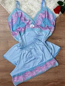 Short Doll Women's Pajama Set/ Two-Tone Lace - Sky Blue - View 1