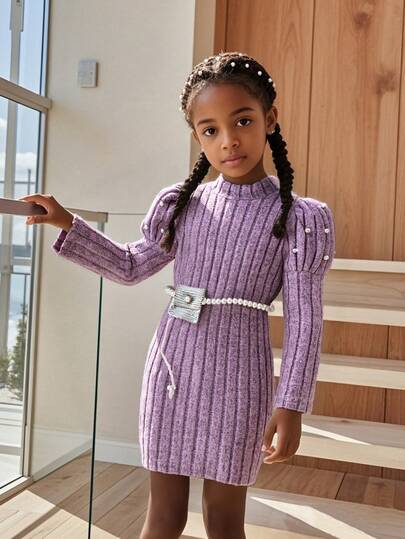 女童长袖泡泡袖珍珠针织连衣裙，休闲舒适，时尚优雅，适合春秋季节