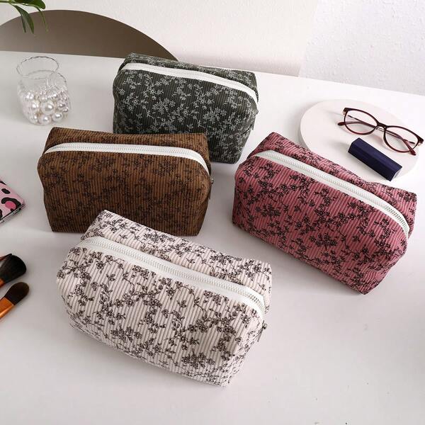 1pc Minimalist Floral Corduroy Cosmetic Bag, Portable Travel Organizer Pouch, Oxford Cloth Lining