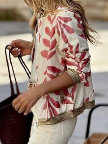 大码女式印花棒球夹克，带口袋，休闲度假舒适箔拼接飞行员夹克，春秋 - 紅白色 - 查看 4