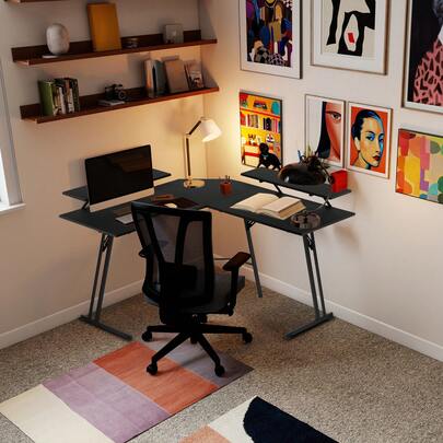 VA-Cerulean Gaming Desk 140 X 120cm L-Shaped Gaming Table With Monitor Stand, Carbon Fiber Surface, Ergonomic Large Computer Desk, Corner Desk For Home Office - Black