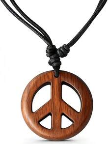 Adjustable Wooden Peace Sign Pendant Necklace, 1960s 1970s Wood Handmade Hippie Jewelry, LightWeight Flower Power Retro Costume Accessories Men And Women - 棕色和平標誌 - 查看 7