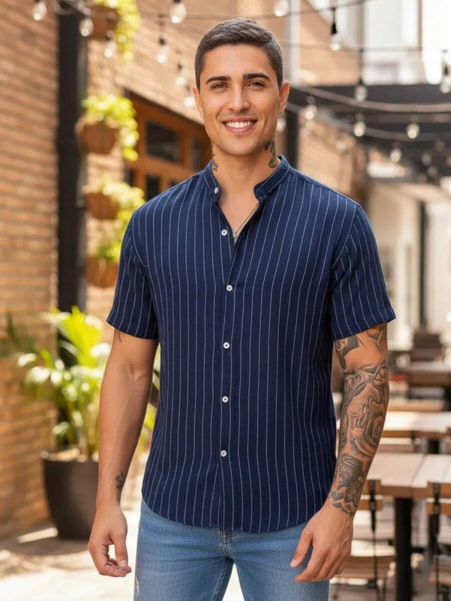 Men's Short Sleeve Shirt With Priest Collar Premium Quality Light And Fresh Fabric Easy To Iron - 藍白色 - 查看 1