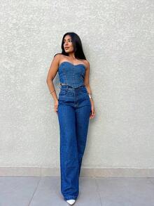 Kissmelady 3028 Dark+5002 Medium Color Shiny Jeans Set Cropped Top With Pants Women's Summer Cropped Vest Set - Rửa tối - Xem 3