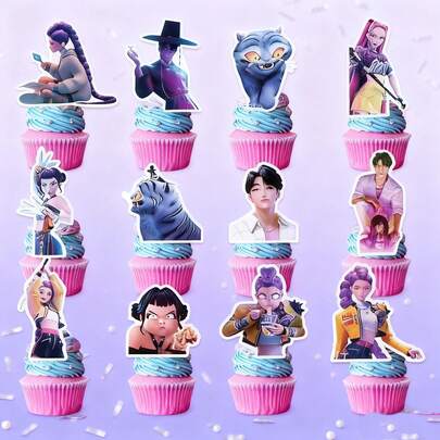 12pcs K-Pop Devil Hunter Cartoon Birthday Anime Theme Party Cake Decoration Insert - Suitable For Family Parties, Birthday Theme Daily Use