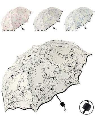 8-Rib Manual Folding Sun & Rain Umbrella For Women – UV-Protective Black Coating, Lotus & Cotton Rose Print, Steel Shaft For Wind Resistance, Ideal Gift For Christmas & Valentine's Day