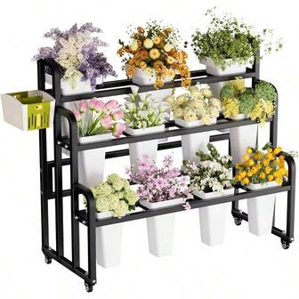 Heavy Duty 3 - Layer Metal Flower Display Stand, 11 - Bucket Flower Bar With Basket, Thickened Frame 360 Swivel Wheels, Flower Cart Patio, Garden, Florist, Wedding Party