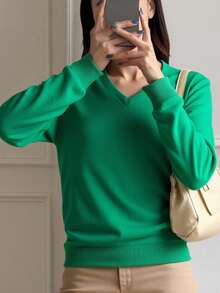 Suéter para mujer estilo casual sencillo tejido color sólido ajustado escote V manga larga otoño invierno uso diario oficina - Verde - Ver 3