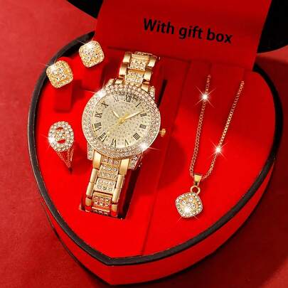 5 Stücke Damen Uhr Geschenkset, Goldene Armbanduhr mit römischen Ziffern und Stahlarmband + Quadratischer Ringset, für den täglichen Gebrauch und vielseitig einsetzbar, geeignet als Geschenk für Damen zu Feiertagen