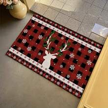 1 pieza Alfombra con diseño de reno navideño, con cuadros rojos y negros, diseño de copos de nieve, alfombra rectangular decorativa, adecuada para entrada, dormitorio, cocina, baño, felpudo de cocina, alfombra con patrón de grano de madera, felpudo de poliéster, felpudo de bienvenida para la puerta principal