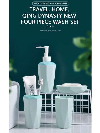 Conjunto de higiene pessoal minimalista nórdico para banheiro | O design multifuncional inclui um frasco de sabonete líquido, um copo para escova de dentes, um suporte para pasta de dentes e uma saboneteira | Design geométrico contrastante luxuoso em azul claro | Material de polipropileno ABS durável | Perfeito para armazenamento em banheiros domésticos | Adequado para salas de estar, banheiros, hotéis, pousadas e áreas de cuidados com bebês | O estilo simples e moderno realça a estética de qualquer espaço | Fácil de usar, fácil de limpar e sem odores | O design combinado de várias peças economiza espaço e melhora a limpeza | Adequado para casais e famílias para uso diário | Um item essencial e elegante para banheiro