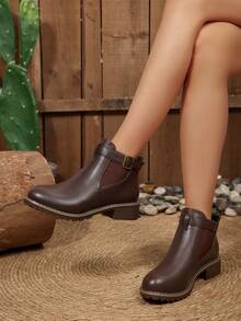 Solid Color Western Style Side Zipper Buckle Holiday Round Toe Thick Sole Retro Short Boots With Belt Buckle Decor, Women Casual Ankle Boots For Autumn/Winter