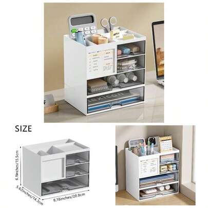 Organizador de oficina con 3 cajones, caja de almacenamiento con soporte para notas adhesivas y 4 compartimentos para computadora, oficina, escuela, hogar blanco