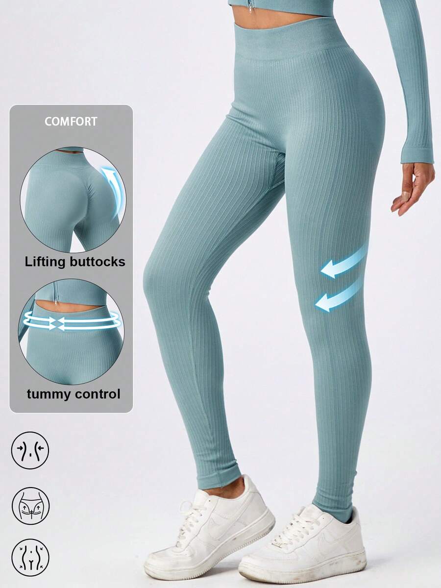 NcmRyu 1pc  Solid Color Women S High Waist Yoga Pants Medium Stretch Long Length Elastic Waist Skinny Fit Knit Fabric With Elastic Waist For All Seasons Sports Leggings  Comfortable Activewear For Fitness Gym Running And Outdoor Activities - 藍色 - 查看 1