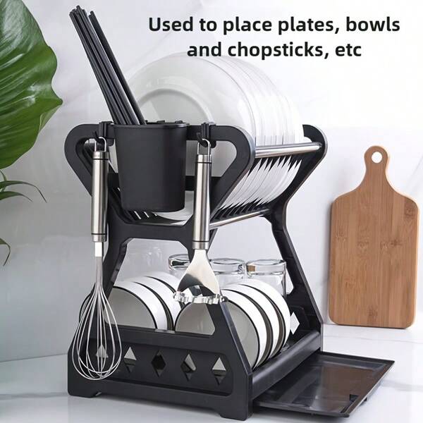 1 قطعة رف تخزين متعدد الطبقات ذو سعة كبيرة ورف أطباق - رف تنظيم أسود من البلاستيك عالي الجودة للمطبخ بتصميم عمودي موفر للمساحة، الرف السفلي لتخزين الأطباق والأوعية والأواني والأدوات، مقاوم للرطوبة للمطبخ وغرفة الطعام وتنظيم المؤن - رف تجفيف الأطباق والتخزين الشامل، رف مطبخ، رف تجفيف الأطباق في الحوض، منظم أطباق مغطى، رف تجفيف الأطباق المثبت على الحائط
