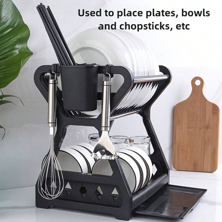 1 件多层大容量厨房储物架和碗碟架 - 重型塑料黑色台面收纳架，无底座，垂直节省空间设计，底架可放置盘子、碗、锅、平底锅、餐具 - 防潮，适用于厨房、餐厅、食品储藏室 - 一体式碗碟干燥架和储物架、厨房架子、水槽碗碟干燥架、带盖碗碟收纳架、壁挂式碗碟干燥架