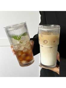 2个/套 600毫升/21盎司大容量水瓶，新款夏季女士玻璃杯，带盖和吸管，竖条纹玻璃杯 - 彩色 - 查看 7