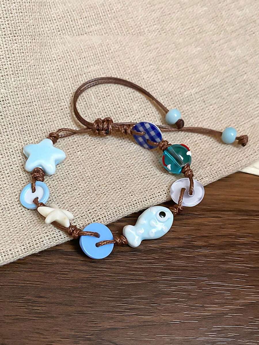 1pc Women's Fashionable & Sweet Fish, Star, Flower Woven Bracelet, Suitable For Daily Wear - Multicolor - View 1