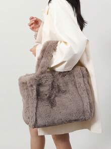 BAILEE 1 件秋冬新款时尚个性长毛毛皮纯色可折叠大容量双手柄磁吸开合设计带女士手提包，适合秋冬季节日常出行时尚穿搭 - 彩色 - 查看 6