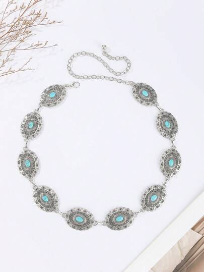 Neuer Boho-Stil silber-blauer Saphir Damen Metall Taillenkette, Zinklegierung Damen Gürtel, geeignet für Frühling, Sommer, Herbst, Winter