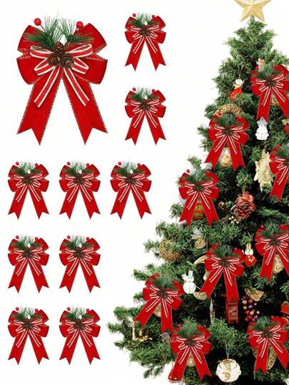 6pcs Christmas Bows With Pine Cones Pine Needles, Xmas Velvet Bows Red Ribbon Christmas Tree Wreath Decoration For Xmas Parties Indoor Outdoor Crafts DIY Decor, New Year Christmas Decoration, Holiday Gift Bow Decoration, Home Room Decoration, Christmas Party, Christmas Gift