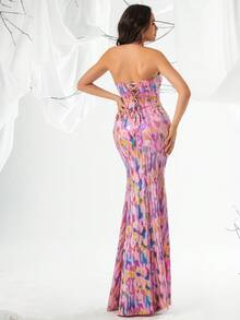 VIPGIRL Đầm dạ hội nữ cổ yếm lưới in hoa - Hồng - Xem 2