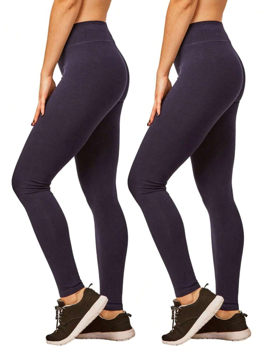 2 Pack Women's Premium Cotton Leggings Ankle Length With High Wide Waistband S-3XL High Waisted Leggings Full Length Regular & Plus Size No See-Through Athletic Workout Running Cycling Yoga Pants For Women Tummy Control Activewear Shapewear Womenswear - 2 Pack Navy Blue - 查看 1