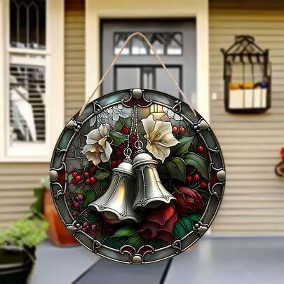 Victorian Style Round Wooden Christmas Wreath Decor With Silver Bells - Perfect For Porch, Front Door And Rustic Decor