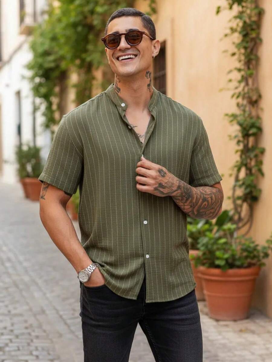 Men's Short Sleeve Shirt With Priest Collar Premium Quality Light And Fresh Fabric Easy To Iron - Olive Green - View 1