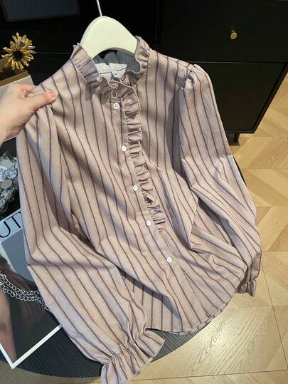 Perceive Striped Asymmetric Hem Stand Collar Loose Long Sleeve Women Shirt, Business Casual Wear For Autumn/Winter