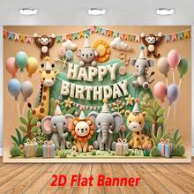 2D flaches Banner, 1 Stück Dschungel-Tier-Themen Geburtstags-Party Hintergrund - strapazierfähiger Vinyl Fotohintergrund für drinnen & Outdoor, ohne Strombedarf, Wald Geburtstags Festival Garten Party