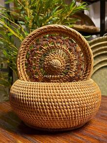 Vintage Rattan - Woven Storage Jar With Lid - Hand - Woven Multi - Purpose Storage Box, Suitable For Storing Tea, Snacks, Dried Fruits, Candies, Desserts - Natural Rattan Decorative Storage Container For Living Room Tabletop - Brown - View 6