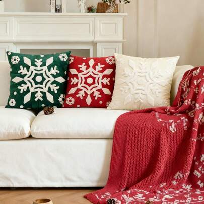 1 pieza Funda de cojín de Navidad, Fundas de cojín bordadas con copos de nieve, Cojín de terciopelo