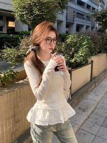 女式休闲甜美芭蕾风格多层荷叶边长袖上衣，秋冬款 - 白色 - 查看 5