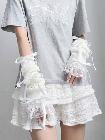 1 套女士时尚瑜伽芭蕾风格白色臂套、黑色针织袖套、粉色美学无指手套、带蝴蝶结装饰的厚臂套、街头时尚 Y2K 风格，适合日常、约会、居家和户外使用