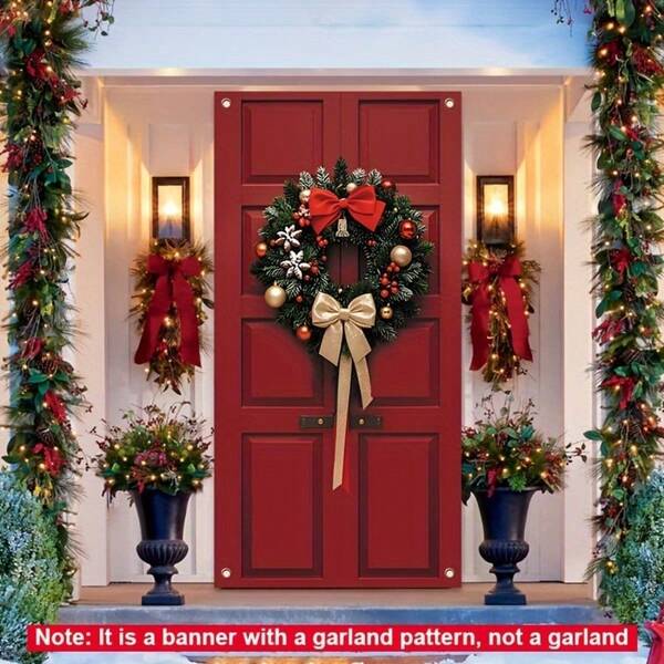 1 pezzo, Copertura per porta d'ingresso con motivo a ghirlanda, in poliestere, decorazione natalizia, sfondo per feste di Capodanno, adatto per decorazione di porte d'ingresso, pareti, cabine fotografiche, 177,8x88,9 cm