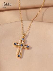 Hihho 1 Stück Luxus Saphir Blau Zirkonia eingelegtes Kreuz Anhänger Halskette, Edelstahl Choker Halskette, Urlaubsgeschenk Dekoration - Königsblau - Übersicht 13